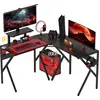 Image de HOMCOM Bureau gaming bureau d'angle bureau gamer 125 x 125 cm en forme de L avec plateau en fibre de carbone, support d'écran porte-gobelet et crochet pour casque, noir