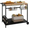 Image de Outsunny Desserte de jardin chariot pour plancha barbecue en bois et m  tal avec poign  e 2 plateaux 2 paniers et porte-bouteilles dim. 97,5L x 65l x 81H cm naturel et noir