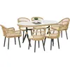 Image de Outsunny Salon de jardin extrieur en rsine tresse 6 places ensemble de salle manger - 1 table rectangulaire et 6 chaises avec coussins - plateau en verre tremp, cadre en acier, bois naturel