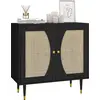 Image de HOMCOM Buffet de cuisine meuble de rangement design bohème double portes avec 2 niveaux, façade en rotin 80 x 38 x 79 cm noir