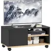 Image de HOMCOM Meuble TV sur roulettes avec 2 Freins - 2 niches + Placard Porte 2 Passe-Fil - en bois Noir chêne Clair
