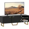 Image de HOMCOM Meuble TV meuble télé bois banc TV pour téléviseur jusqu'à 70 pouces avec placard à 2 portes cannelées, compartiment ouvert et passe-câbles, pour salon chambre à coucher, 140 x 39 x 47 cm, noir