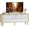 Image de HOMCOM Meuble TV 120 cm, 2 portes à haute brillance, meuble télé pour jusqu'à 55 pouces, 2 tiroirs silencieux, étagères réglables, style moderne, banc TV pour salon, chambre à coucher, blanc et chêne