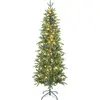 Image de HOMCOM Sapin de Noël artificiel 180 cm, arbre de Noël slim avec 200 lumières blanches chaudes, 8 modes d'éclairage, 605 pointes de branche articulée, support en métal, plastique ignifuge, vert