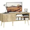 Image de HOMCOM Meuble TV 115 cm, meuble télé pour téléviseur jusqu'à 55 pouces avec placard à porte, compartiments ouverts et étagère réglable, pieds en pin, banc TV pour salon, chambre à coucher, chêne