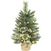 Image de HOMCOM Sapin de Noël artificiel 60 cm, mini arbre de Noël de table floqué avec 64 pointes de branche, 35 LED, pommes de pin et base en lin, fonctionne à piles, décoration de Noël pour la maison, vert