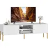 Image de HOMCOM Meuble TV 140 cm, meuble télé pour téléviseur jusqu'à 65 pouces avec 2 portes, 2 compartiments ouverts et pieds en acier, 2 passe-câbles, banc TV moderne pour salon, chambre à coucher, blanc