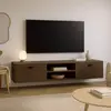 Image de Meuble TV suspendu 160 cm industriel bois foncé - Oviala Jessy