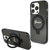 Image de Coque Rigide Noire Guess Guhmp15lhrsgsk Pour Iphone 15 Pro 6.1 Avec Anneau De Support, Inscription Pailletée Et Compatible Magsafe.