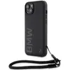 Image de Coque Rigide Noire Bmw Bmhcp15s23rmrlk Pour Iphone 15/14/13 6,1 Pouces Avec Logo En Cuir Et Cordon.