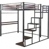 Image de Lit mezzanine en métal avec escalier "LENA" - 140 x 190 cm - Noir et marron noyer
