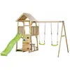 Image de KANGUI Aire de jeux portique en bois WOODI - Double balançoire, toboggan, mur d'escalade, bac a sable, table pique nique, cabane, échelle - Neuf