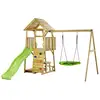 Image de KANGUI Aire de jeux portique en bois WOODI - Double balançoire ou Nid, toboggan, mur d'escalade, bac a sable, table pique nique, cabane, échelle - Neuf