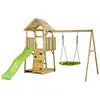 Image de KANGUI Aire de jeux portique en bois WOODI - Double balançoire et nid Ø100cm, toboggan, mur d'escalade, bac a sable, cabane, échelle - Neuf
