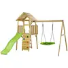 Image de KANGUI Aire de jeux portique en bois WOODI - Double balançoire et nid Ø100cm, toboggan, mur d'escalade, cabane, échelle - Neuf
