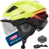 Image de Casque de vélo ABUS HYP-E B.LACE - avec éclairage avant, arrière et clignotant ainsi que feu de stop sans fil - avec visière et protège-oreilles - taille S, jaune de signalisation