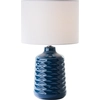 Image de Lampe de table en céramique bleu BRILLANT avec abat-jour en tissu blanc ILYSA | lampe de table décorative avec interrupteur sur le cordon | 42 cm de hauteur et 25 cm de diamètre | douille E14, 40 W max. | céramique/métal/tissu