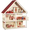 Image de roba Maison de poupées, villa de poupées avec meubles et poupées, jouets pour filles, bois naturel