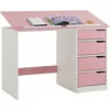 Image de Bureau Enfant Emma, En Pin Massif, 4 Tiroirs Et Plateau Inclinable, Lasuré Blanc Et Rose