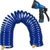Image de Tuyau d'arrosage spiralé Relaxdays, extensible jusqu'à 10 m, tuyau de jardin flexible avec pomme d'arrosage, 7 types de jets, bleu