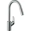 Image de robinet de cuisine Hansgrohe Focus M41, monocommande, hauteur 240 mm, technologie EcoSmart, douchette extractible, 2 jets, finition chrome