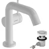 Image de robinet de lavabo monocommande hansgrohe Tecturis S, finition blanc mat, avec technologie CoolStart et EcoSmart+, comprenant un mécanisme de vidange à tirette
