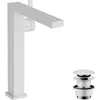 Image de robinet de lavabo monocommande Hansgrohe Tecturis E, finition blanc mat, système CoolStart EcoSmart+, conçu pour les vasques à poser, avec système de vidange à poussoir