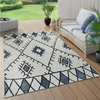 Image de Tapis d'intérieur et d'extérieur, tissage plat, motif géométrique abstrait en losanges, style ethnique, bleu, dimensions 80 x 150 cm
