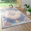 Image de Tapis d'extérieur résistant aux intempéries Balcon Cuisine Motif oriental Bordures modernes Bleu Beige Taille 160 cm Rond