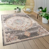 Image de Tapis d'extérieur résistant aux intempéries Balcon Cuisine Motif oriental Bordures modernes Gris Beige Taille 160 cm Rond