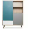 Image de Finori - Buffet Haut 2 Portes 1 Tiroir 103x40x138 Cm Naturel Et Bleu - Bauleo