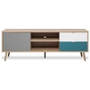 Image de Meuble TV scandinave -Reproduction chêne, gris, blanc et bleu pétrole - 1 porte - 150 x 40 x hauteur 51 cm