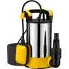 Image de Wiltec Pompe à eau immergée à aspiration plate 400 W   Jusqu’à 1 mm   8000 l/h   Acier inox   Refoulement max. 5 m, profondeur max. 7 m   Interrupteur à flotteur   Pompe submersible Eau propre