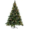 Image de BELIANI Sapin de Noël artificiel de 210 cm, recouvert de neige, avec des lumières et des pommes de pin, support noir