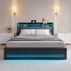 Image de Lit Coffre 140x190 avec sommier LED et USB,Lit Double rembourré avec Rangement hydraulique pour Adultes et Adolescents, Lin, Gris