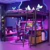 Image de Lit superposé Flieks 140 x 200 cm avec LED, lit mezzanine double avec bureau et fonction de rangement, lit enfant en métal avec rangements, lit adolescent noir