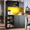 Image de Armoire de cuisine Flieks avec éclairage LED, porte-bouteilles, 4 portes et 2 grands tiroirs, buffet 120 x 40 x 188 cm, armoire buffet, noir