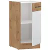 Image de Meuble bas de cuisine ROCK, 40 cm de largeur, en mélaminé imitation chêne et blanc brillant, avec 1 porte rabattante, étagère intérieure et pieds réglables