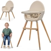 Image de Kinderkraft FINI 2 Chaise haute 2en1 - Plateau réglable - Assise éco-cuir - Pieds en hêtre - Harnais 5 points - Pieds antidérapants - Beige