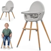 Image de Kinderkraft FINI 2 Chaise haute 2en1 - Plateau réglable - Assise éco-cuir - Pieds en hêtre - Harnais 5 points - Pieds antidérapants - Gris