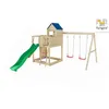 Image de Aire De Jeux Treehouse Avec Grande Plateforme, Rampe D'Accés Avec Corde, Mur D'Escalade, Cabane, Toiture, Toboggan Vert & Accessoires De Jeux Et Balançoire 2 Sièges - Kit Sécurité Ancrage - Fungoo