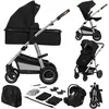 Image de Lionelo Amber - Poussette combinée 3 en 1 - Ensemble sportif, siège, nacelle fixe, siège auto, sac, moustiquaire, habillage pluie - Black Silver