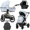 Image de Kunert BRAV 3in1 Poussette éco-cuir bleue avec cadre champagne, roues en gel et siège auto
