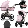 Image de Kunert BRAV 3in1 Poussette éco-cuir rose avec cadre champagne, roues en gel et siège auto