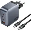 Image de Chargeur Vention 3x USB-C, 1x USB-A, (100 W/100 W/30 W/30 W) (gris) avec câble USB-C vers USB-C (1 m) (noir)