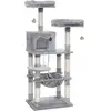 Image de Feandrea - Arbre À Chat Hauteur 143 Cm, Tour De Jeux Pour Chat, Avec 11 Poteaux À Griffer, 2 Plateformes, 1 Niche, 1 Hamac, 2 Pompons, En Tissu Peluche, Plusieurs Niveaux, Gris Clair