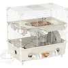 Image de Cage à deux niveaux pour hamsters de la marque PawHut, avec 3 portes, une roue et des tunnels, en acier, PS et PP, dimensions 44,5 x 28 x 44 cm, couleur crème et blanc