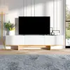 Image de Skye Decor, meuble TV moderne en blanc et chêne saphir, dimensions : 180 x 44,6 x 30 cm. Fabriqué en panneaux de particules mélaminés de 18 mm d'épaisseur. Design scandinave, élégant et fonctionnel.