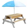 Image de Axi Nick Table Sable Et Eau / Pique Nique Avec Parasol En Bois Marron Et Blanc | 95 X 97 X 48 Cm | Avec Couvercle, Boîtes De Rangement & Parasol |