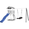 Image de AXI Beach Tower Tour de jeux en bois en blanc & gris | Maison de jeux pour enfants avec toboggan bleu, balançoire nid d'abeille et bac à sable | Maison sur pilotis pour le jardin